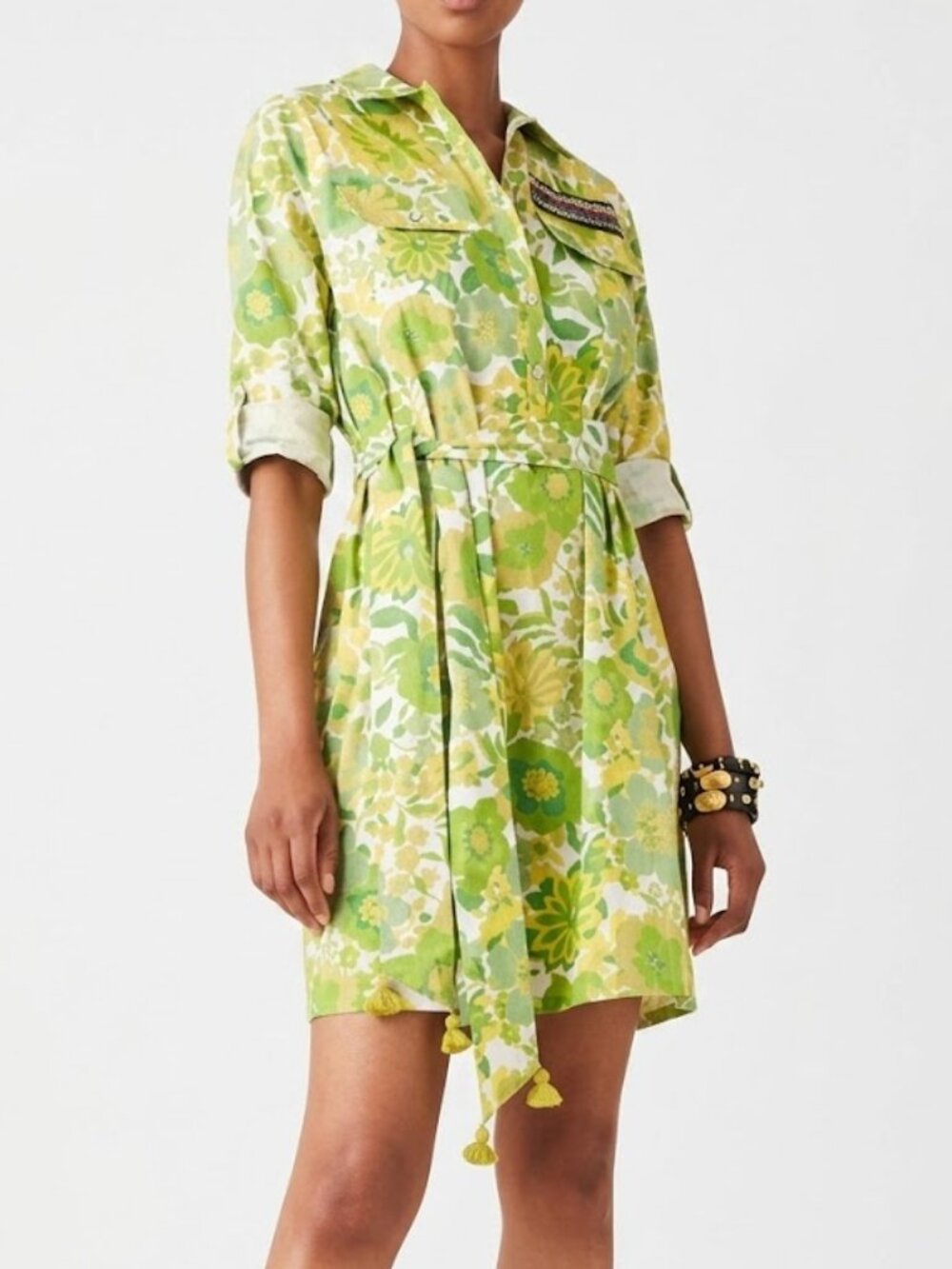 Figue Green Floral Cotton Brett Mini Shirt Dress Size XS Bohemian Tassel Belt